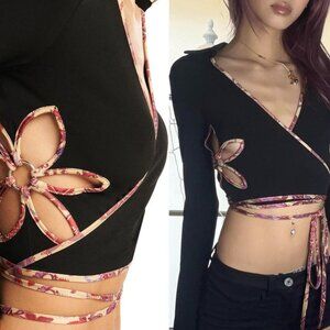 I.AM.GIA Renalee Wrap Crop Top Black Medium Cut-Out Side Flowers